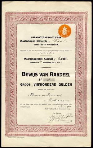 Maatschappij Rijnschip "Waal" N.V., Bewijs van aandeel, 500 Gulden, 1 May 1924