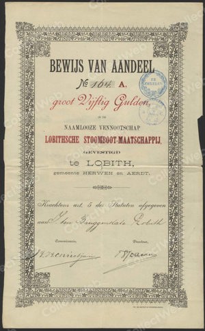 Lobitsche Stoomboot-Maatschappij N.V., Bewijs van Aandeel, 50 Gulden, 19..