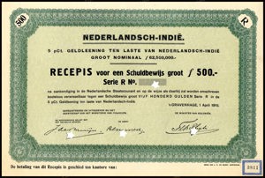 Nederlandsch-Indie, 5% lening 1915, Recepis voor een schuldbewijs, Serie R, 500 Gulden, 1 April 1915, PROOF