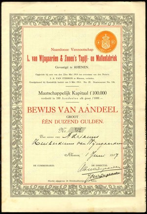 L. van Wijngaarden & Zonen's Tapijt- en Mattenfabriek N.V., Bewijs van aandeel, 1000 Gulden, 1 June 1917