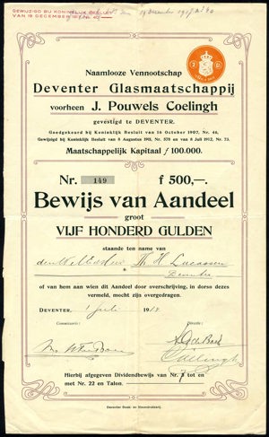 Deventer Glasmaatschappij voorheen J. Pouwels Coelingh, Bewijs van aandeel, 500 Gulden, 1 Juli 1914