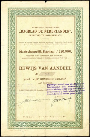 Dagblad De Nederlander N.V., Bewijs van aandeel, 500 Gulden, 30 December 1920