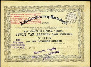 Zuider-Stoomtramweg-Maatschappij, Bewijs van aandeel aan toonder, serie C, 100 Gulden, 5 January 1881