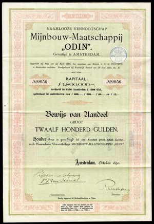 Mijnbouw-Maatschappij "Odin" N.V., Bewijs van aandeel, 1200 Gulden, October 1890