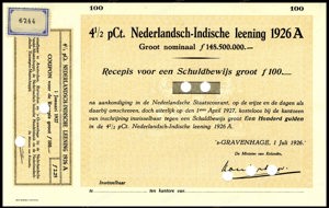 Nederlandsch-Indie, 4,5% lening 1926A, Recepis voor een schuldbewijs, 100 Gulden, 1 Juli 1926, SPECIMEN