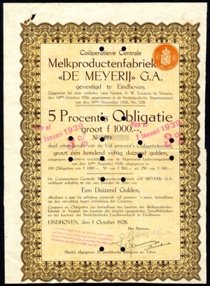 Coöperatieve Centrale Melkproductenfabriek "De Meiereij" G.A., Obligatie, 1000 Gulden, 1 October 1928