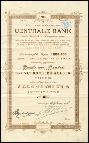 Centrale Bank N.V., Bewijs van aandeel, tweede serie, 500 Gulden, 19 February 1908