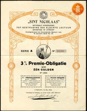 Sint Nicolaas, Nationale Vereeniging tot bestrijding van slechte lectuur, Premie-Obligatie, 1 Gulden, 15 mei 1914