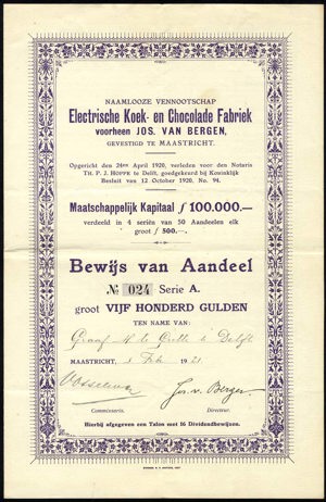 Electrische Koek- en Chocolade Fabriek voorheen Jos van Bergen N.V., Bewijs van aandeel, serie A, 500 Gulden, 3 February 1921