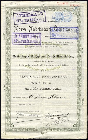Nieuwe Nederlandsche Credietbank N.V., Bewijs van één aandeel, serie A, 1000 Gulden, July 1900