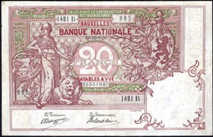 Belgium, P62d, B522d, Morin 20d, 20 Francs, 29-SEPT-09, sign. Tschaggeny/De Lantsheere