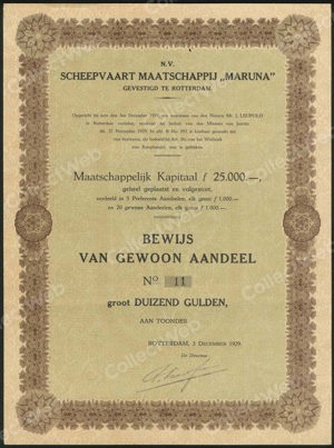 Scheepvaart Maatschappij "Maruna" N.V., Bewijs van gewoon aandeel, 1000 Gulden, 3 December 1929