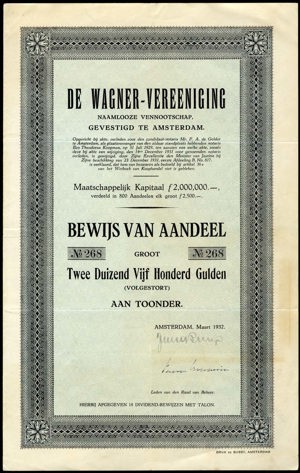 De Wagner-Vereeniging N.V., Bewijs van aandeel, 2,500 Gulden, March 1932
