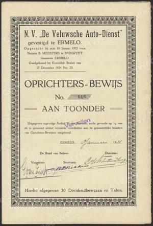 De Veluwsche Auto-Dienst N.V., Oprichtersbewijs, 8 Januari 1925