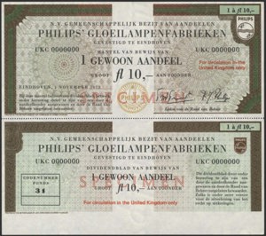 Gemeenschappelijk Bezit van Aandeelen Philips' Gloeilampenfabrieken N.V., 1 Gewoon aandeel, 10 Gulden, 1 November 1973, Specimen