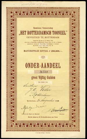 Het Rotterdamsch Tooneel N.V., Onder-aandeel, 50 Gulden, 31 August 1920