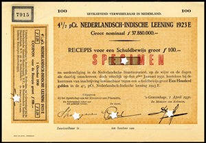 Nederlandsch-Indie, 4,5% lening 1923E, Recepis voor een schuldbewijs, 100 Gulden, 1 April 1930, SPECIMEN