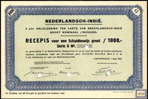 Nederlandsch-Indie, 5% lening 1915, Recepis voor een schuldbewijs, Serie G, 1000 Gulden, 1 April 1915, PROOF