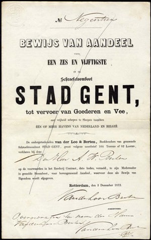 Schroefstoomboot "Stad gent" tot vervoer van Goederen en Vee, Bewijs van aandeel, 1/56 aandeel, 3 December 1872