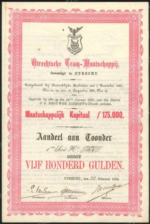 Utrechtsche Tram-Maatschappij, Aandeel aan toonder, 500 Gulden, 28 Februari 1889