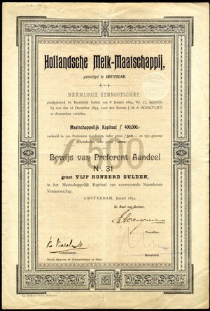 Hollandsche Melk-Maatschappij N.V., Bewijs van Preferent aandeel, 500 Gulden, January 1894