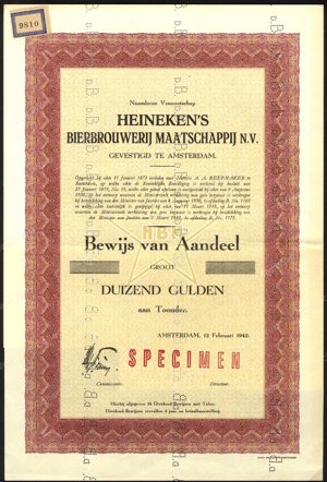 Heineken's Bierbrouwerij Maatschappij N.V., Bewijs van aandeel, 1000 Gulden, 12 Februari 1942, SPECIMEN
