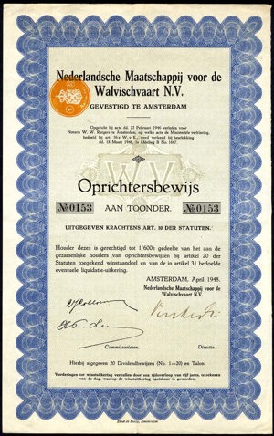 Nederlandsche Maatschappij voor de Walvischvaart N.V., Oprichtersbewijs, 1/600 share, April 1948
