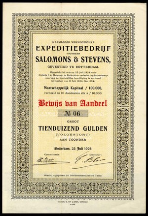 Expeditiebedrijf voorheen Salomons & Stevens N.V., Bewijs van aandeel, 10,000 Gulden, 23 July 1924