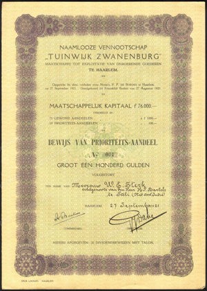 Maatschappij tot Exploitatie van Onroerende Goederen "Tuinwijk Zwanenburg" NV, Bewijs van prioriteits-aandeel, 100 Gulden, 27 September 1921, No. 1