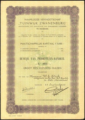 Nederland, Maatschappij tot Exploitatie van Onroerende Goederen "Tuinwijk Zwanenburg" NV, Bewijs van prioriteits-aandeel, 100 Gulden, 27 September 1921, No. 1