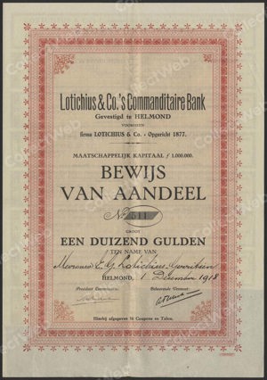 Lotichius & Co.'s Commanditaire Bank, Bewijs van Aandeel, 1000 Gulden, 1 December 1918