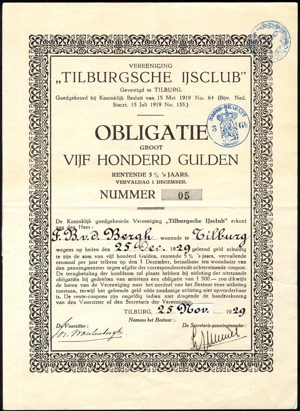 Vereeniging Tilburgsche IJsclub, Obligatie, 500 Gulden, 25 November 1929