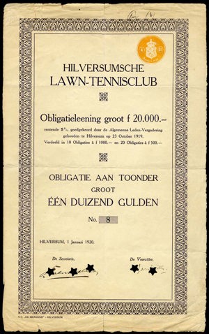 Nederland, Hilversumsche Lawn-Tennisclub, Obligatie aan toonder, 1000 Gulden, 1 January 1920