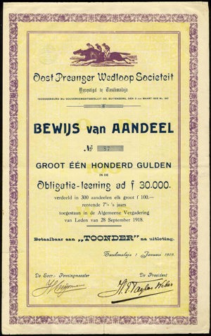 Oost Preanger Wedloop Societeit, Obligatie, 100 Gulden, 1 Januari 1919