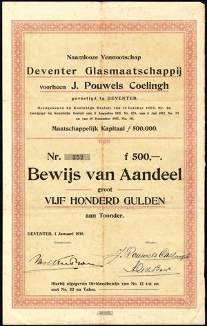 Deventer Glasmaatschappij voorheen J. Pouwels Coelingh, Bewijs van aandeel, 500 Gulden, 1 Januari 1918