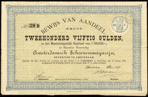 Amsterdamsch Schoenmagazijn N.V., Bewijs van aandeel, 250 Gulden, May 1890