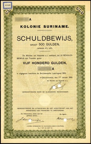 Suriname, 4,5% lening 1915, Schuldbewijs, 500 Gulden, 1 Januari 1916, PROOF
