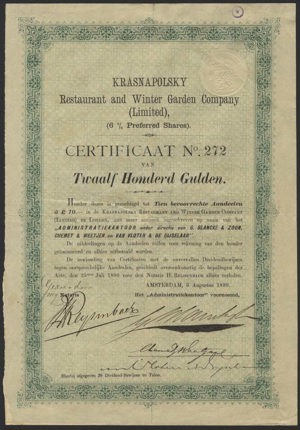 Krasnapolski, Restaurant and Winter Garden Company, Certificaat voor 10 preferente aandelen, 1200 Gulden, 6 Augustus 1890