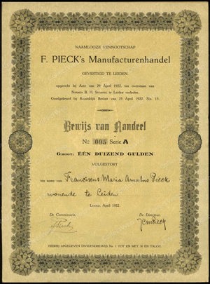 F. Pieck's Manufacturenhandel N.V., Bewijs van aandeel A, 1000 Gulden, April 1922