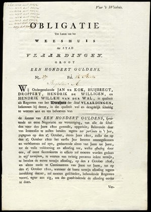 Weeshuis der Stad Vlaardingen, Obligatie, 100 Gulden, 1 December 1801