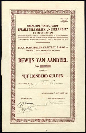 Emailleerfabriek "Neerlandia" N.V., Bewijs van aandeel, 500 Gulden, 21 Oktober 1920