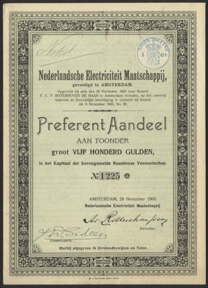 Nederlandsche Electriciteit Maatschappij NV, Preferent Aandeel, 500 Gulden, 28 November 1903