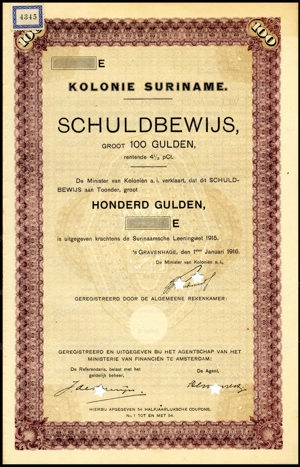Suriname, 4,5% lening 1915, Schuldbewijs, 100 Gulden, 1 Januari 1916, PROOF