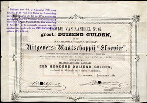 Uitgevers-Maatschappij "Elsevier" N.V., Bewijs van aandeel, 1000 Gulden, 1 November 1881