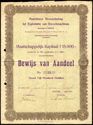 NV tot Expoitatie van Dorschmachines, Bewijs van aandeel, 500 Gulden, Juni 1921