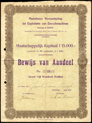 Nederland, NV tot Expoitatie van Dorschmachines, Bewijs van aandeel, 500 Gulden, Juni 1921