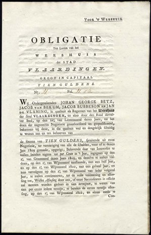 Weeshuis der Stad Vlaardingen, Obligatie, 10 Gulden, 14 September 1809