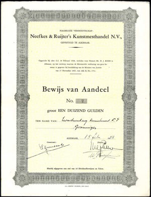 Neefkes & Ruijter's Kunstmesthandel N.V., Bewijs van aandeel, 1000 Gulden, 18 Februari 1948