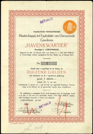 Maatschappij tot Exploitatie van Onroerende Goederen "Havenkwartier" N.V., Obligatie, 1000 Gulden, July 1915, No. 1