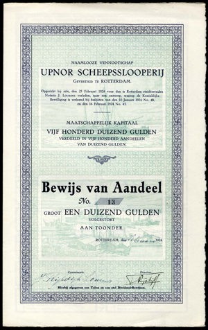 Upnor Scheepsslooperij N.V., Bewijs van aandeel, 1000 Gulden, Februari 1924